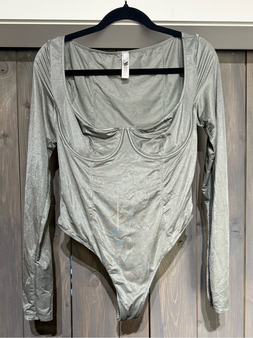 SKIMS Glissenette Long Sleeve Bodysuit Thunder Silver Grey Size L